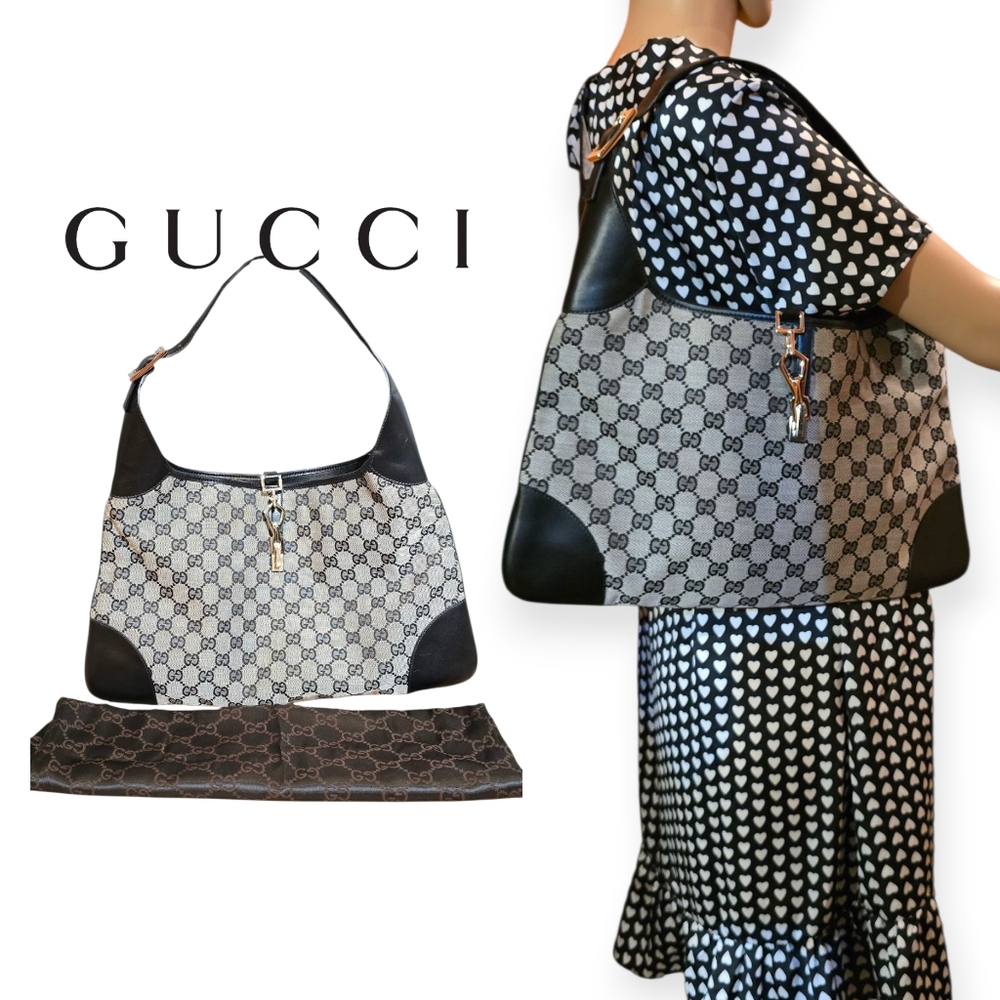 Gucci Monogram Lobster Clasp Jackie  Hobo Black